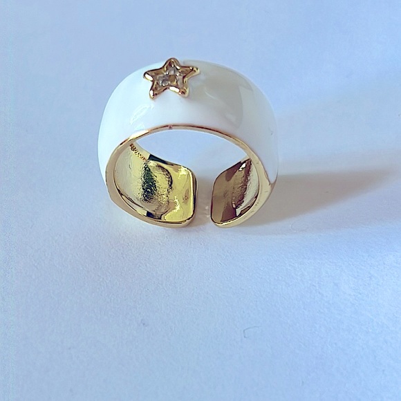 Gold & White Enamel Wide Band With Cubic Zirconia Star - Picture 5 of 6